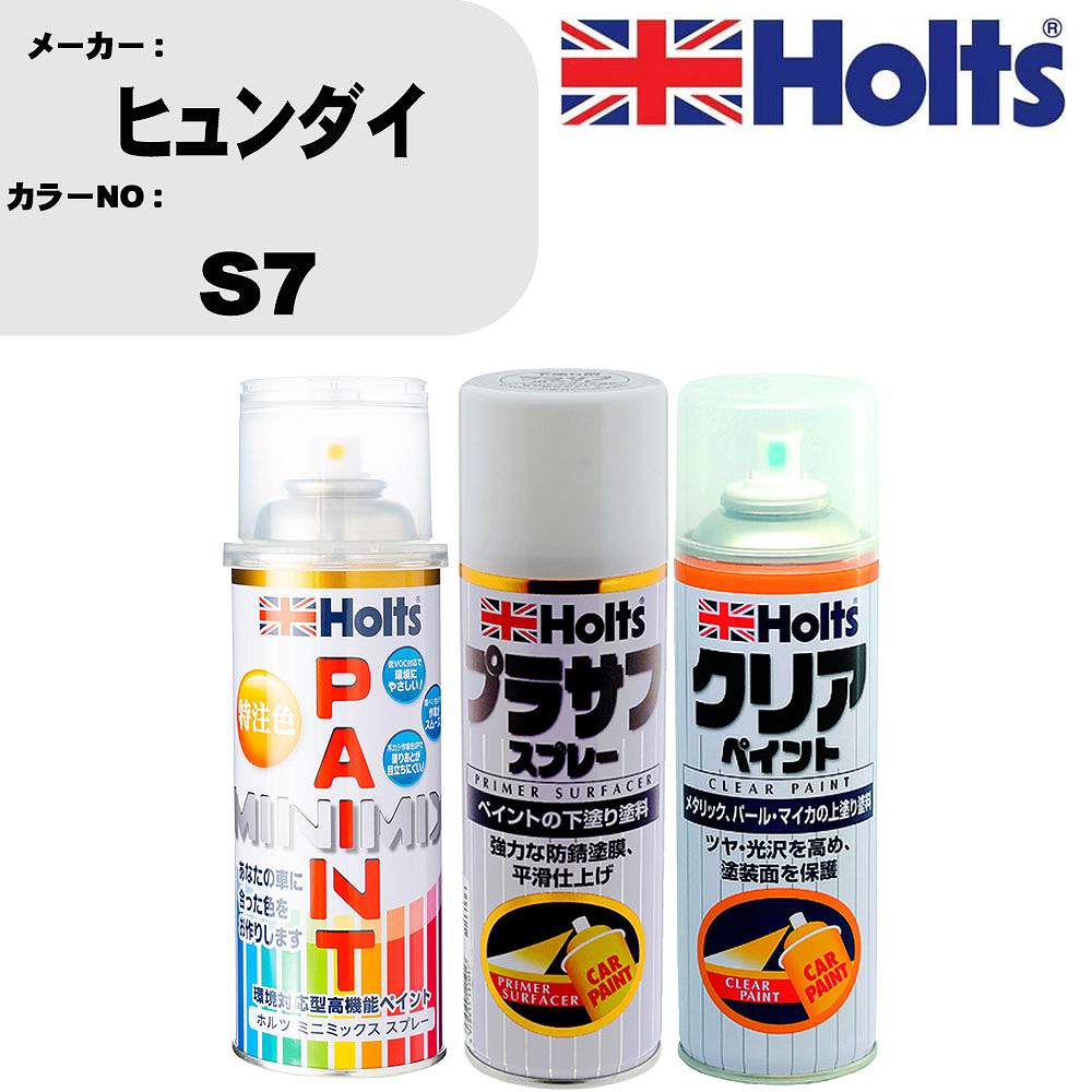 車 塗装 スプレー ヒュンダイ S7 ペイントスプレー+プラサフホワイト(MH11501)+クリア(MH11604)セット カラースプレー ホルツ MINMIX ミニミックス オーダーカラー 補修 カーペイント【TU&SP】 車 傷消し キズ 直し 自分 で