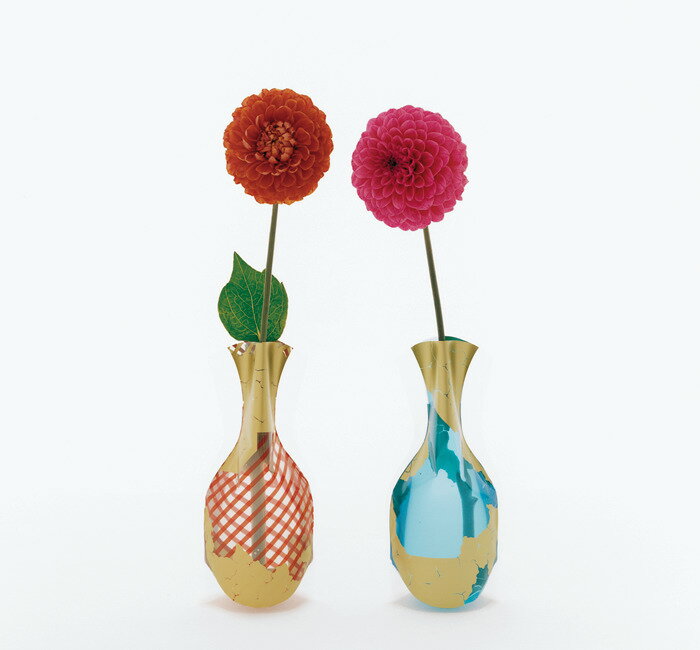 [D-BROS公式サイト] Flowervase　フラワーベース　ストライプ＆ブルー　ビニール製の花瓶　ゴールドの印刷でヴィンテージ感を出したデザイン　一輪挿し　花器　プチギフト　おしゃれ／D-BROS