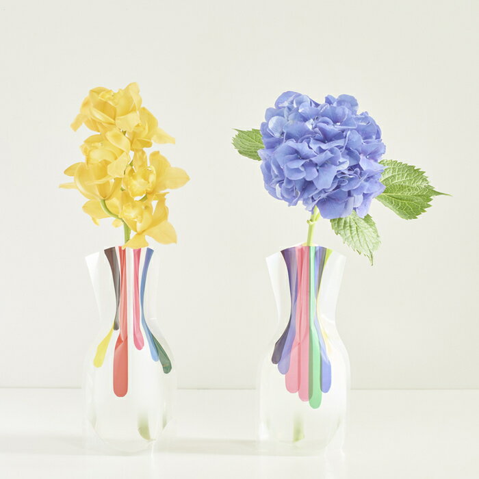 ディーブロス 花瓶 【D-BROS公式サイト】Flowervase　フラワーベース　ビニール製の花瓶　カラフルな絵の具を垂らしたようなデザイン カラードロップス＋イエロー　一輪挿し　花器　プチギフト　おしゃれ／D-BROS