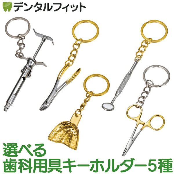 【★ポイント5倍 10/30 0:00-11/1 23:59】歯科用具キーホルダー 5種【鉗子 / デンタルミラー / 持針器 / カートリッジシリンジ / トレーゴールド】(メール便20点迄)【メール便で送料無料】