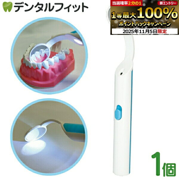LEDライトミラー 家庭での磨き残しチェックに！ 軽量のため初心者にも使いやすく、ミラーには曇り止め加工がされています。 LEDライトが付いているから、奥歯までしっかり見えます！ ■電源　アルカリボタン電池LR44×3(別売) ■材質　(ハンドル)ABS樹脂、(ミラー)ポリカーボネート ■商品寸法　Φ24mm/全長146mm ■付属品・セット内容　本体、交換用ミラーフイルム×2、ドライバー ■滅菌区分　未滅菌 ■オートクレーブ 不可 ■届出番号　17B2X10001001866　一般医療機器(クラスI) 【ご注意(免責)事項】当店では、サイト上に最新の商品情報を掲載するよう努めておりますが、メーカーの都合等により、商品規格や仕様（容量・成分・パッケージ・原産国など）が予告なく変更される場合がございます。このため、実際にお届けする商品と商品ページ上の情報表記が異なる場合がございますので、ご使用前には必ずお届けした商品の商品ラベルや注意書きをご確認ください。また、商品情報についてページ表記以外の詳細が必要な場合は、メーカー等にお問合せください。