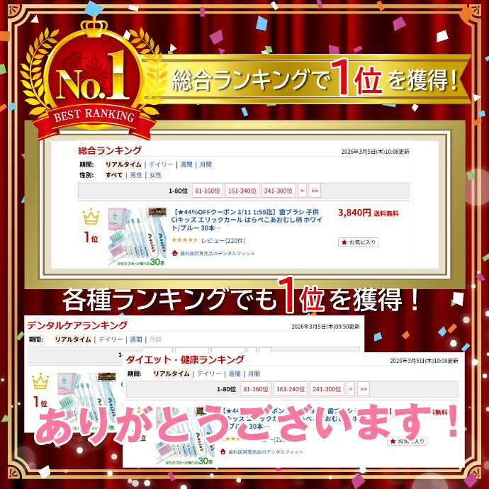 【★50％OFF 10/8 0:00-23:59】歯ブラシ 子供 Ciキッズ エリックカール はらぺこあおむし柄 ホワイト/ブルー 30本入 日本製【Ciメディカル】【送料無料】 (3)
