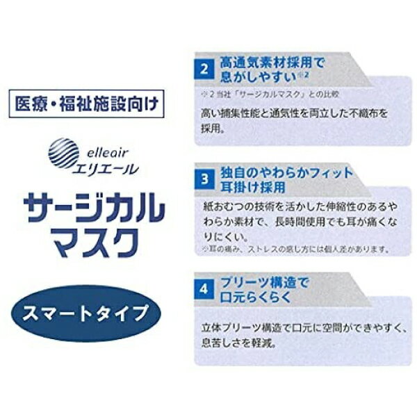 【★最大P12倍＋11％OFFクーポン(9/1)】サイズが選べる【日本製】エリエール 医療・福祉施設向け サージカルマスク スマートタイプ ウイルス飛沫ブロック（ふつう / 小さめ）1箱50枚入 大王製紙 医療用マスクASTMレベル1相当 不織布 ハイパーブロックマスク