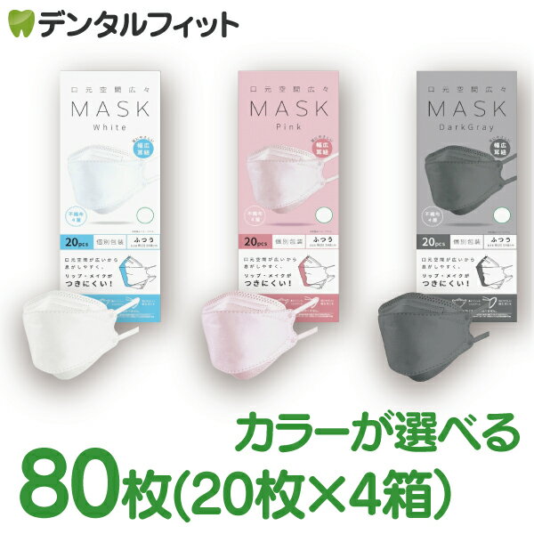 【送料無料】カラーが選べる 口元空間広々マスク 80枚 (20枚入×4箱) 個包装 ホワイト、ピンク、ダークグレー【ふつうサイズ 80×205mm 4層構造 高機能 ノーズワイヤー 快適 立体マスク 3D 】ウイルス飛沫99%カットのサムネイル