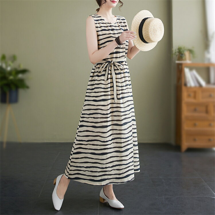 ワンピース ノースリーブ 夏 レディース ベージュ 黒 ボーダー柄 aライン 膝上 無地 きれいめ ノースリーブ ワンピース ワンピース ロング丈 フレア ゆるい 袖なし ゆったり カジュアル リゾート コーデ シンプル 2024【D MADE】