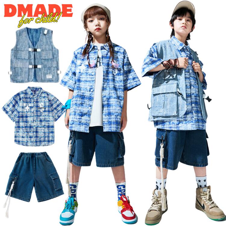 キッズダンス衣装 セットアップ シャツ ベスト デニム 子供服 女の子 男の子 チェック柄 ジンズ ショーツ ダンス衣装 ヒップホップ ファッション トップス HIPHOP 韓国 原宿系 演出服 ジーンズ ダンス発表会 おしゃれ ブルー 110 120 130 140 150 160 170 180