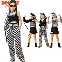 ヒップホップ 衣装 チェック柄 キッズダンス衣装 セットアップ チェッカーブラック ヘソ出し パンツ 女の子 セット 子供 ジャズ ヒップホップ キッズ ダンスウェア ストリート チア ダンス 演出服 派手 ジュニア 120 130 140 150 160 170【D MADE】