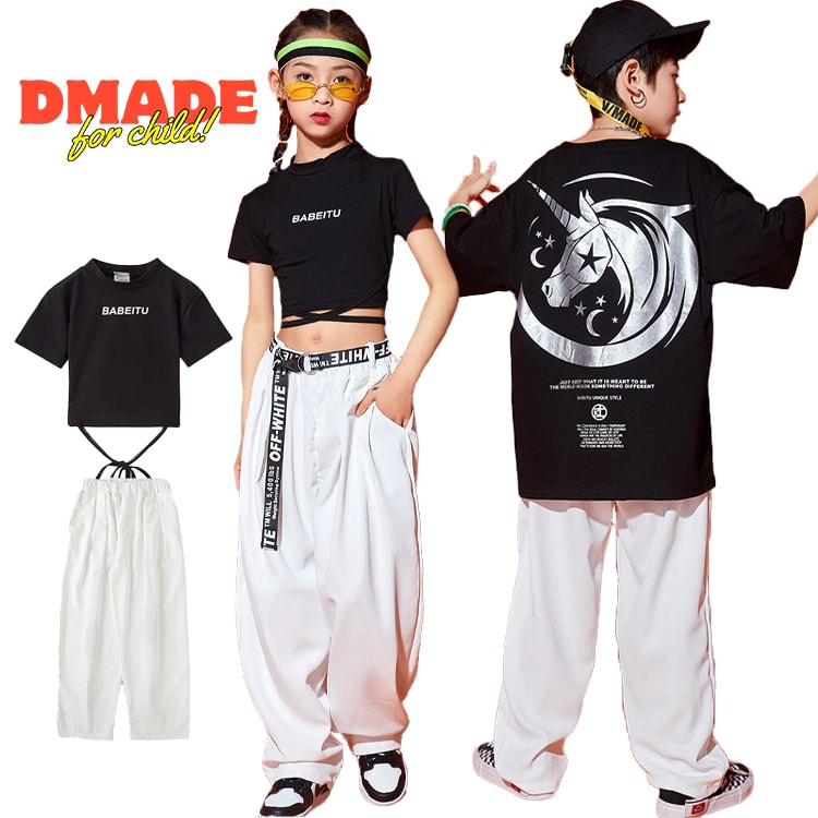 馬柄 tシャツ キッズダンス衣装 セットアップ ヒップホップ キッズ 衣装 子供服 tシャツ 半袖 黒 ロング丈 プリント 銀色 男の子 ショ..