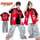 キッズダンス衣装 ステージ衣装 上下セット セットアップ ヒップホップ 男の子 女の子 シャツ 赤 半袖 デニムパンツ 青 ジャズダンス ジュニア 応援団 演出...