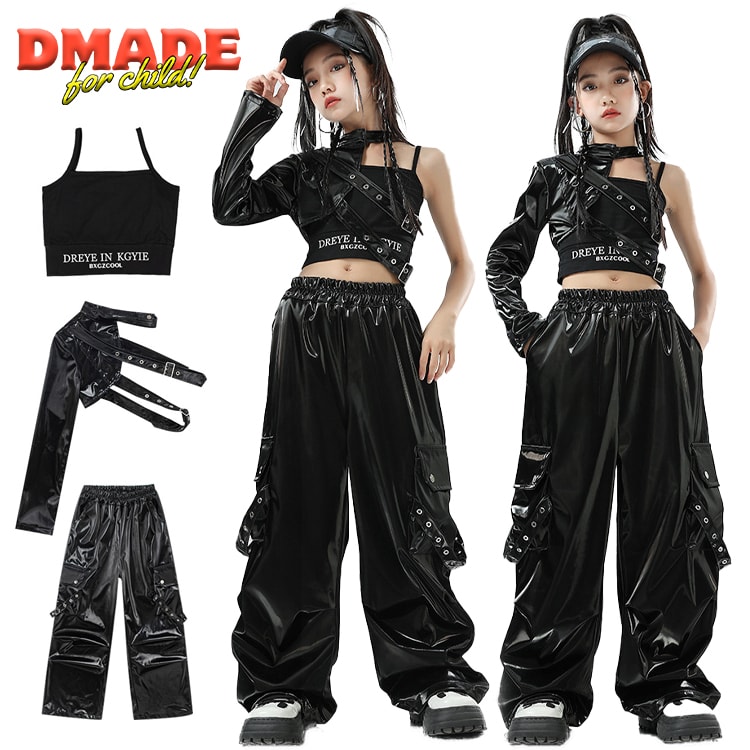 ガールズ ダンス衣装 レザー アイドル風 黒 チアガール 団体服 応援団 発表会 韓国 Y2K キッズ セットアップ ヒップホップ 子供服 衣装 女の子 トップス パンツ ロングパンツ ストリートダンス 練習着 舞台 可愛い 120-180cm【D MADE】