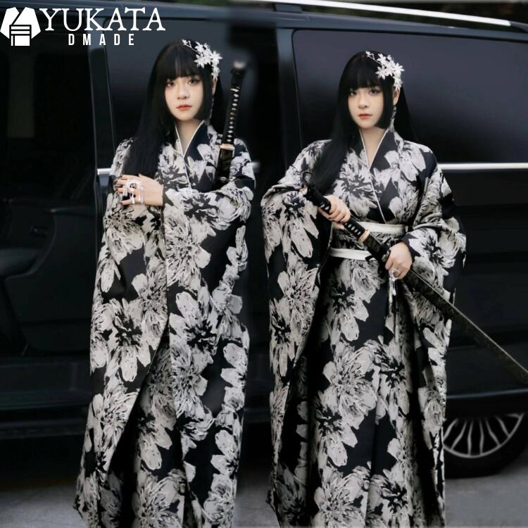 レディース 着物 振袖 白 黒 レディース レトロモダン 大人 レトロ 浴衣セット 2点セット ゆかた 腰ひ..