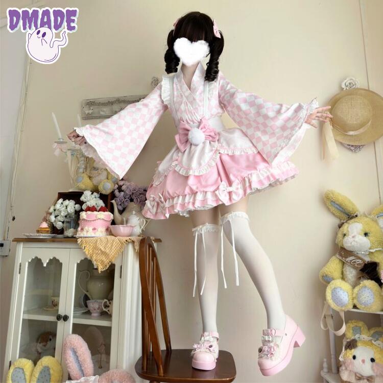 メイド服 ロリータ 洋装 かわいい 上下セット 和風 3色 4点セット レディース ハロウィン 洋服 ロリータ S~L ハロウィーン OP コスプレ衣装 変装 仮装 配色 可愛い コスチューム 学園祭 文化祭 イベント衣装 イエロー ブルー ピンク【D MADE】