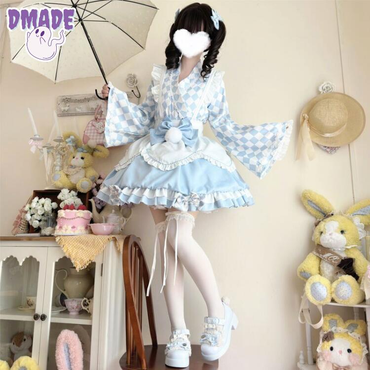 メイド服 ロリータ 洋装 かわいい 上下セット 和風 3色 4点セット レディース ハロウィン 洋服 ロリータ S~L ハロウィーン OP コスプレ衣装 変装 仮装 配色 可愛い コスチューム 学園祭 文化祭 イベント衣装 イエロー ブルー ピンク【D MADE】