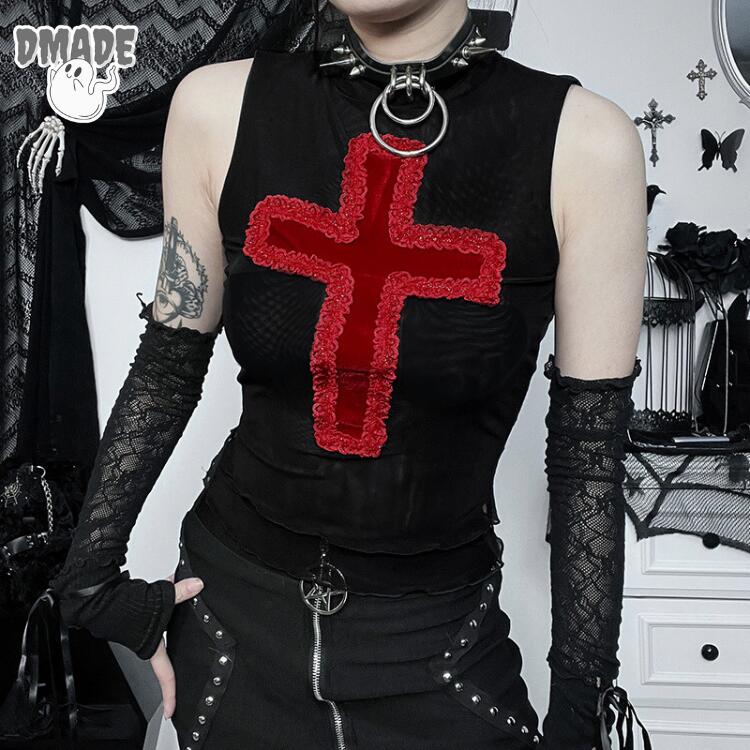 レディース キャミソール 夏 おしゃれ パーティー トップス セクシー レース 無袖 ゴシック パンク 女..