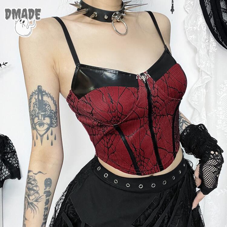 レディース キャミソール 夏 おしゃれ パーティー トップス セクシー レース 無袖 ゴシック パンク 女..