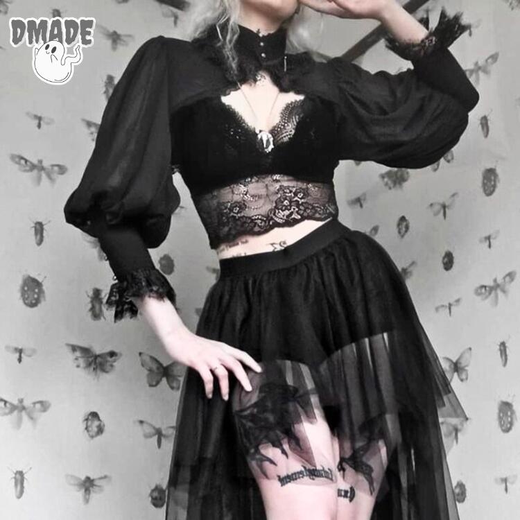 レディース ベルスリーブブラウス ブラック 黒 トップス ハロウィン コスプレ サブカル系ファッション ..