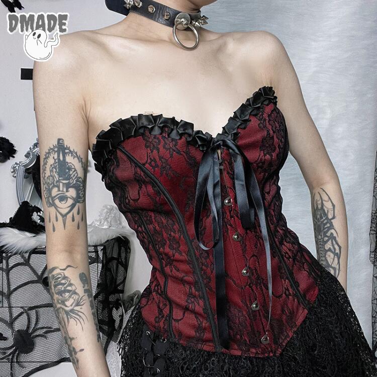 レディース キャミソール 夏 おしゃれ パーティー トップス セクシー レース 無袖 ゴシック パンク 女..