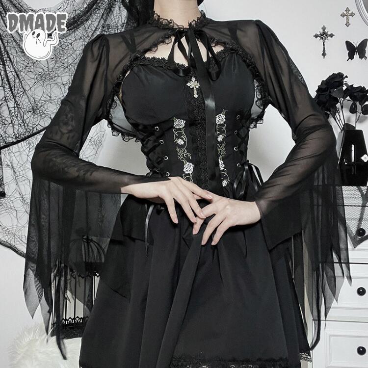 レディース ベルスリーブブラウス ブラック 黒 トップス ハロウィン コスプレ サブカル系ファッション ..