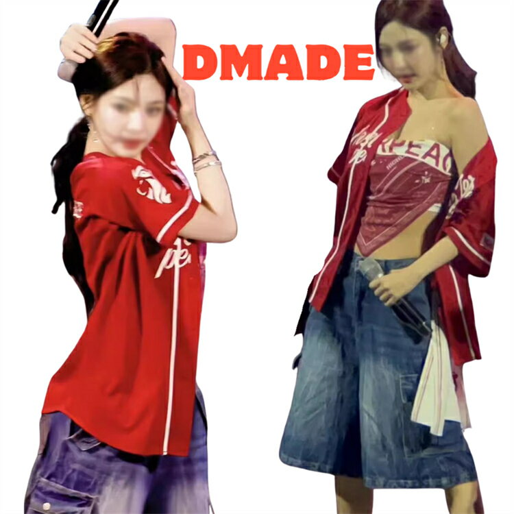 韓国 デニム ダンス衣装 レディース 赤 ベースボールシャツ ブルージーンズ k-pop アイドル 衣装 セッ..