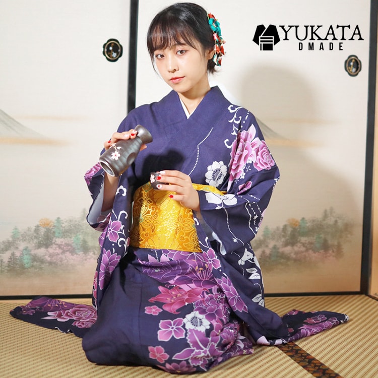 浴衣 レディース 紫 花柄 花火大会 夏祭り 8点セット 振袖 フリーサイズ パープル レディース浴衣 ポリエステル浴衣 簡単着付 浴衣 春夏 秋冬 yukata ゆかた 浴衣セット 女性ゆかた 華やか コーデ お祭り おしゃれ【D MADE】