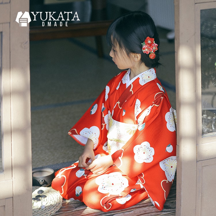 浴衣 子供 花柄 梅花 浴衣 キッズ 女の子 セット ワンピース 3点セット 浴衣 腰ひも 足袋 赤 レッド ベ..