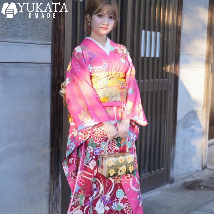 レディース 着物 振袖 花柄 ピンク バラ色 7点セット レディース 華やか レトロモダン 大人 浴衣セット 女性 20代 30代 40代 yukata フリーサイズ 可愛い ゆかた おしゃれ 華やか コーデ 大人の浴衣 セット 中学生 高校生 大学生 夏祭り 花火大会