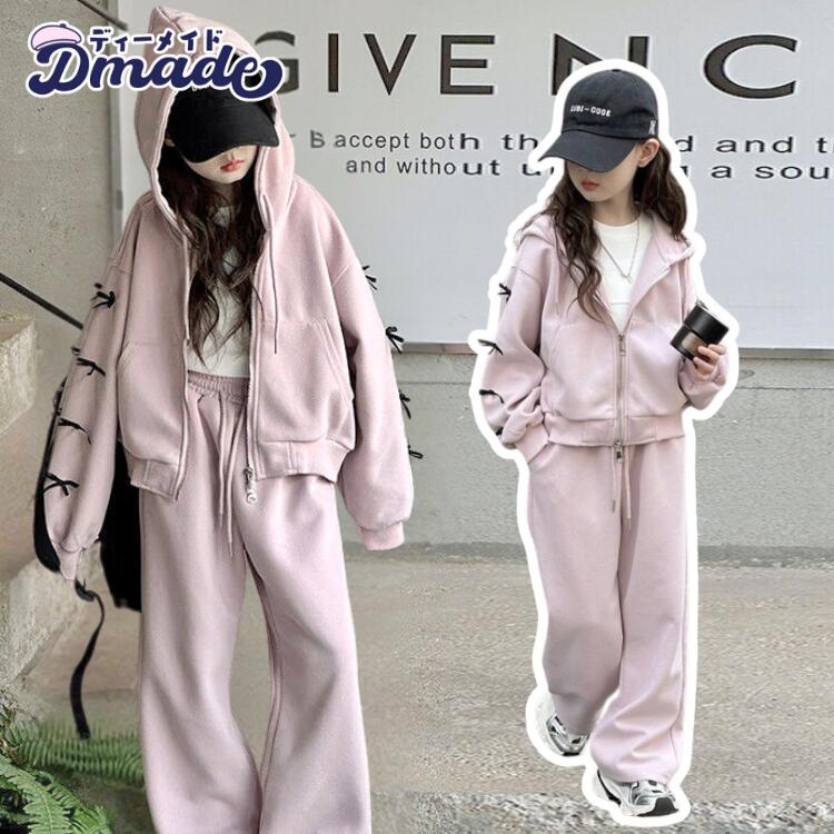 2点セット フード付き 体型カバー リボン ピンク スポーツウェア ジャージ 上下セット 春 秋 夏 長袖 パーカー ワイドパンツ 韓国風 カジュアル 快適 ス...