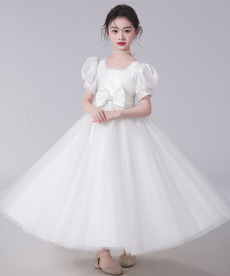 子供 ドレス チュール 半袖 パフスリーブ ロング丈 Aライン シャンパン 白 キッズ 140 誕生日 子ども 女児 120 130 150 160 170 女の子 パーティードレス 発表会 結婚式 演奏会 可愛い 3