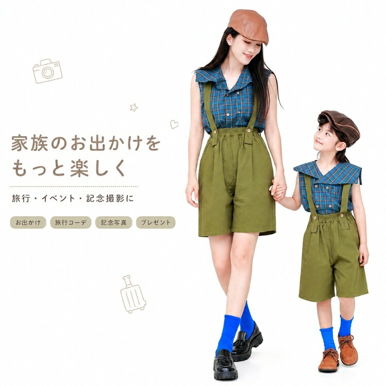 ITEM INFORMATION 商品内容 【セット内容】 ・トップス（チェック柄ノースリーブシャツ） ・パンツ（サスペンダー付きショートパンツ） 商品特徴 【レトロ可愛いチェック柄トップス】 大きな襟が特徴的なブルーのチェック柄ノースリーブシャツ。ダブルボタン風のデザインがレトロで上品な印象を与えます。 【サスペンダー付きショートパンツ】 落ち着いたカーキグリーンのハーフパンツは、サスペンダー付きでこなれ感を演出。ウエストはゴム仕様で着脱も簡単です。 【夏にぴったりの涼しげスタイル】 ノースリーブとショートパンツの組み合わせで、暑い夏でも涼しく快適に過ごせます。男の子も女の子も着用できるユニセックスデザインです。 おすすめシーン 夏の家族旅行やリゾート地へのお出かけ、テーマパークでのリンクコーデに最適。普段着としてはもちろん、家族写真の撮影や特別な記念日のお揃いコーデにもおすすめです。 サイズ・カラー 【キッズサイズ】 90：推奨身長85-90cm 100：推奨身長95-100cm 110： 推奨身長105-110cm 120： 推奨身長115-120cm 130： 推奨身長125-130cm 140：推奨身長130-135cm 【ママサイズ】 M： 推奨体重 65kg以下 【モデル情報】 ママ：身長168cm / 体重45kg / Mサイズ着用 女の子：身長108cm / 体重16kg / 110サイズ着用 商品素材 【素材構成】 ・ポリエステル、その他 ご購入の前に ※注文の変更やキャンセルをご希望の場合は、ご注文後2日以内にご連絡ください。 ※撮影環境やモニターの設定により、実際の商品と色味が多少異なる場合がございます。 ※サイズは平置きで採寸しております。多少の誤差が生じる場合がございます。 ※海外製品のため、縫製や糸始末が甘い場合がございます。 安心保障 ・商品到着後7日以内であれば、返品・交換を承ります。 ・返品・交換が発生した場合、再送料は当ショップが負担いたします。 ・ご不明な点はご注文前にお気軽にお問い合わせください。