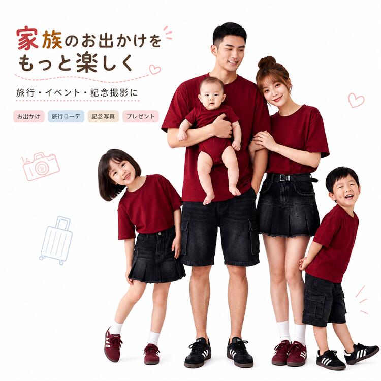 ITEM INFORMATION 商品内容 【商品内容】 ・半袖Tシャツ または ロンパース（単品販売） ・※表示価格は1点あたりの価格です。親子セットではございません。お好みのサイズをそれぞれカートに入れてご注文ください。 商品特徴 【写真映えする上品なレッドカラー】 深みのある落ち着いた赤（ダークレッド系）の無地デザイン。家族写真の撮影や百日祝い、お正月などの特別な日の記念撮影に美しく映えるカラーです。 【ベビーから大人まで揃う豊富なサイズ展開】 ロンパース（66〜90cm）、キッズTシャツ（80〜160cm）、大人用Tシャツ（S〜4XL）まで幅広くご用意。年の離れたご兄弟や、パパ・ママ、おじいちゃん・おばあちゃんまで家族全員でお揃いコーデが楽しめます。 【夏に快適な綿混素材】 柔らかく肌触りの良い綿混生地を使用。通気性が良く、汗をかきやすい夏のお出かけやレジャー、旅行でも快適に着用いただけます。 おすすめシーン 家族写真や全家福の撮影、百日祝い、お誕生日会、夏の家族旅行、リゾート、遊園地へのお出かけ、出産祝いや父の日・母の日のプレゼントにもおすすめです。 サイズ・カラー 【カラー】 レッド 【ロンパースサイズ表】 66サイズ：着丈 41.5cm / 肩幅 23cm / おすすめ身長 55-66cm / おすすめ年齢 0-3ヶ月 73サイズ：着丈 45.5cm / 肩幅 24cm / おすすめ身長 66-73cm / おすすめ年齢 3-6ヶ月 80サイズ：着丈 49.5cm / 肩幅 25cm / おすすめ身長 70-80cm / おすすめ年齢 6-9ヶ月 90サイズ：着丈 53.5cm / 肩幅 26cm / おすすめ身長 80-90cm / おすすめ年齢 9-12ヶ月 【キッズサイズ表】 80：着丈 35.5cm / 肩幅 29cm / バスト 60cm / おすすめ身長 70-80cm / 推奨体重 7.5-10kg 90：着丈 38.5cm / 肩幅 31cm / バスト 64cm / おすすめ身長 80-90cm / 推奨体重 9-12.5kg 100：着丈 41.5cm / 肩幅 33cm / バスト 68cm / おすすめ身長 90-100cm / 推奨体重 10-15kg 110：着丈 44.5cm / 肩幅 35cm / バスト 72cm / おすすめ身長 100-110cm / 推奨体重 15-20kg 120：着丈 48.5cm / 肩幅 37cm / バスト 77cm / おすすめ身長 110-120cm / 推奨体重 20-25kg 130：着丈 52.5cm / 肩幅 39cm / バスト 82cm / おすすめ身長 120-130cm / 推奨体重 25-30kg 140：着丈 56.5cm / 肩幅 41cm / バスト 87cm / おすすめ身長 130-140cm / 推奨体重 30-35kg 150：着丈 60.5cm / 肩幅 43cm / バスト 92cm / おすすめ身長 140-150cm / 推奨体重 35-40kg 【大人用サイズ表】 S：着丈 62cm / 肩幅 44.5cm / バスト 100cm / 推奨身長 155-163cm / 推奨体重 40-50kg M：着丈 65cm / 肩幅 46.5cm / バスト 104cm / 推奨身長 160-168cm / 推奨体重 50-60kg L：着丈 68cm / 肩幅 48.5cm / バスト 109cm / 推奨身長 165-173cm / 推奨体重 60-70kg XL：着丈 72cm / 肩幅 50.5cm / バスト 112cm / 推奨身長 170-178cm / 推奨体重 70-80kg 2XL：着丈 74.5cm / 肩幅 53cm / バスト 117cm / 推奨身長 175-183cm / 推奨体重 80-90kg 3XL：着丈 77cm / 肩幅 55.5cm / バスト 122cm / 推奨身長 180-185cm / 推奨体重 90-93kg 4XL：着丈 79.5cm / 肩幅 58cm / バスト 127cm / 推奨身長 185-190cm / 推奨体重 97.5-107.5kg 商品素材 【素材構成】 ・綿混 ご購入の前に ※注文の変更やキャンセルをご希望の場合は、ご注文後2日以内にご連絡ください。 ※撮影環境やモニターの設定により、実際の商品と色味が多少異なる場合がございます。 ※サイズは平置きで採寸しております。多少の誤差が生じる場合がございます。 ※海外製品のため、縫製や糸始末が甘い場合がございます。 安心保障 ・商品到着後7日以内であれば、返品・交換を承ります。 ・返品・交換が発生した場合、再送料は当ショップが負担いたします。 ・ご不明な点はご注文前にお気軽にお問い合わせください。