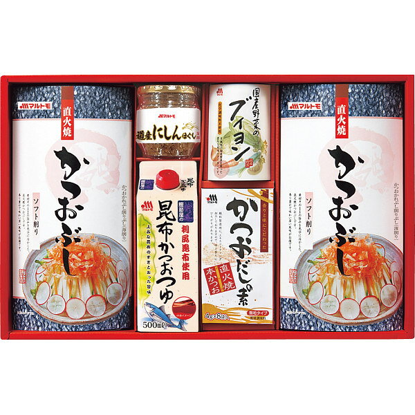 商品説明当社独自製法のかつお削りぶしパック、かつお節本来の香り豊かなだしの素、国産野菜6種の自家抽出だしを使ったブイヨン、かつお節と昆布の絶妙なバランスつゆなど、バラエティ豊富な調味料詰合せギフトです。●直火焼ソフトパック(2.5g×7)×2・昆布かつおつゆ500ml・北海道産にしんほぐし50g・国産野菜のブイヨン(4g×8)・直火焼かつおだしの素(4g×8)×各1ITEM INFORMATIONJAN4902833485442アレルギー表示特定原材料乳、小麦特定原材料に準ずるもの大豆、鶏肉