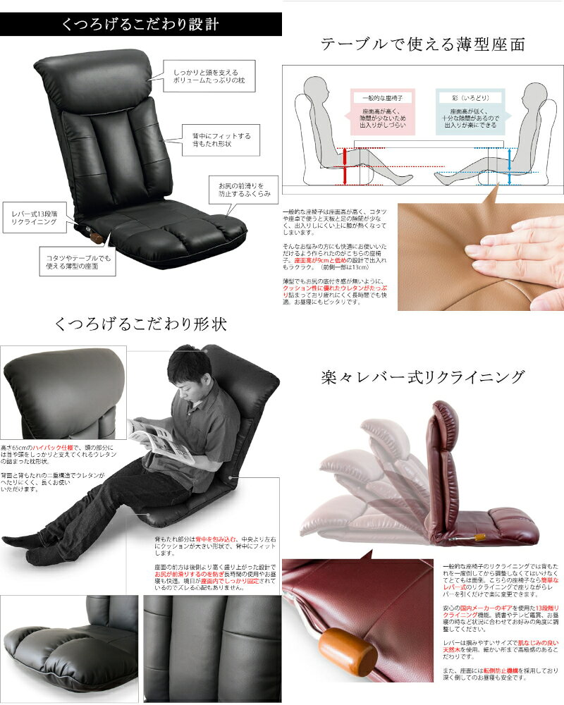 【3/10はエントリー&条件達成で最大ポイント7倍!】【メーカー直送】【代引不可】【日時指定不可】【北海道・沖縄・離島不可】宮武製作所 彩(いろどり) スーパーソフトレザー座椅子 ブラック 日本製 完成品 レバー式13段リクライニング YS-1310-BK