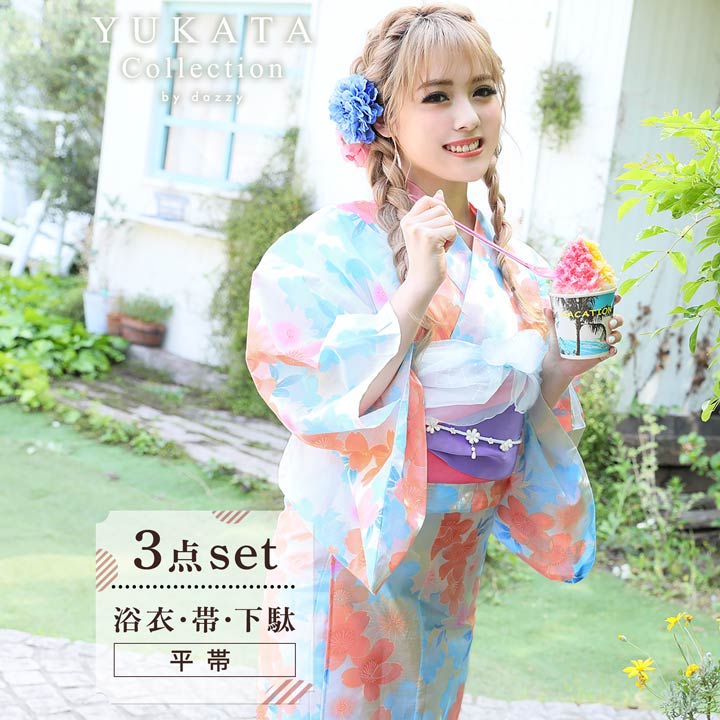【送料無料】 浴衣 セット 淡色 桜 柄 浴衣 帯 下駄 3点 セット [YUKATA by dazzy]| 浴衣 レディース 浴衣 大人 浴衣 帯 2019 新作 浴衣 平帯 リバーシブル帯 女性用 大人用 和装 和服 和装小物 花柄 フリーサイズのサムネイル