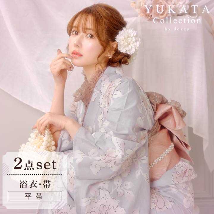 [3点SET] 淡紫地×牡丹柄浴衣【2025年再入荷YUKATA by dazzy】[浴衣 レディース セット浴衣 3 点 セット 浴衣 ラベンダー ピンク 安い 大輪 牡丹 花柄 くすみカラー 淡い レトロ 可愛い おしゃれ ゆかた 女性 古典柄 20代 30代 40代]のサムネイル