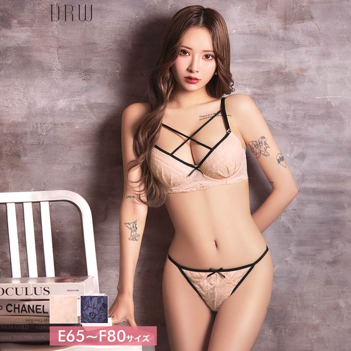 [EFサイズ] パイピングクロスレーシィブラジャー&バック透けフルバックショーツ
