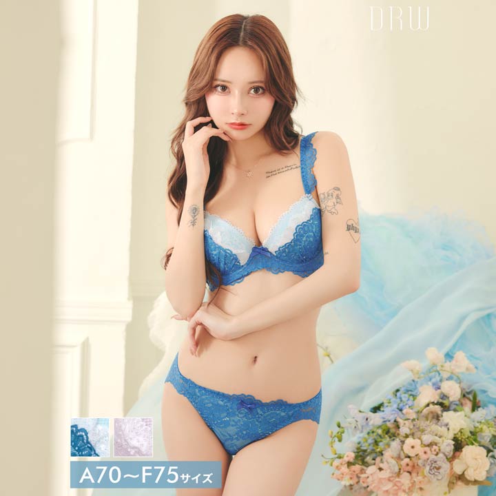 フェミニンプティレースブラジャー&バック透けフルバックショーツ