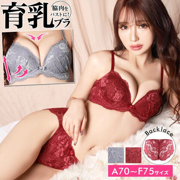 育乳ブラジャー脇高ブラジャーショーツセット補正下着秋色総レース育乳脇高ブラジャー&バック透けフルバック&Tバックショーツ|大きい