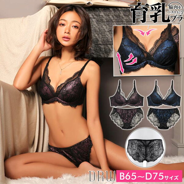 育乳ブラセットフラワー総レース×サテンブラジャー&フルバックショーツ|大きいサイズ脇高ブラセット脇高ブラショーツセットブラ脇肉ブ