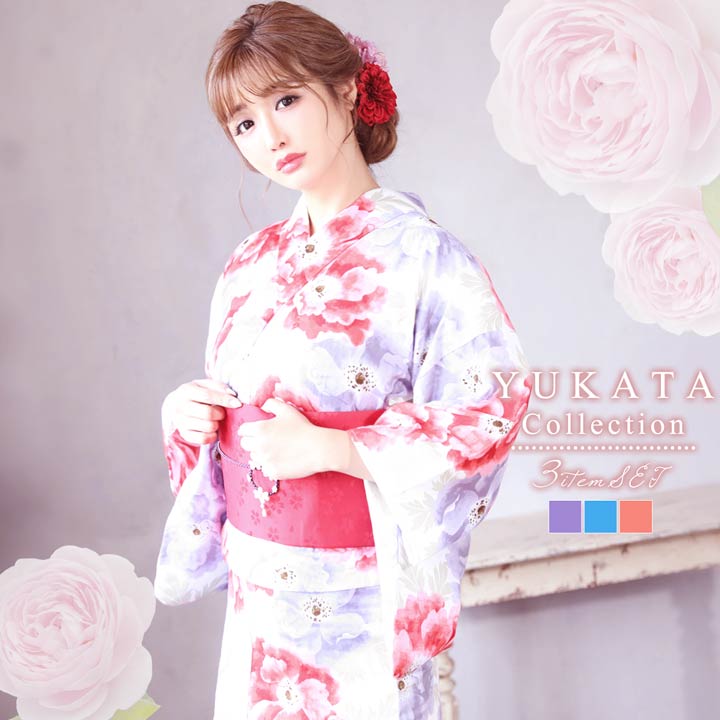 浴衣 セット [3点SET] [dazzyオリジナル] 水彩 アネモネ 柄 浴衣【2021年新作/YUKATA by dazzy】 浴衣 帯 下駄 3点 セット [YUKATA by dazzy]| 浴衣 浴衣 大人 浴衣 帯 2021 新作 浴衣 作り帯 女性用 大人用 和装 和服 和装小物のサムネイル
