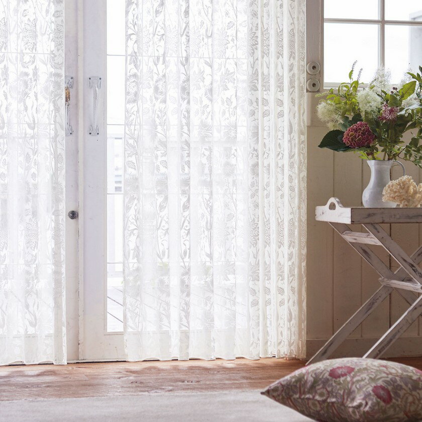 ウィリアムモリスデザインスタジオ ピンク&ローズ MM3163▼スタンダード縫製 下部3ッ折 約2倍ヒダ 両開き オーダー シアー レースカーテン▼ヨコ使い 川島織物セルコン【カーテン幅3010〜3500×カン下寸法1610〜1800mm】