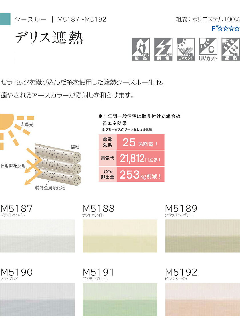 プリーツスクリーン オーダーサイズ▼もなみ シングルスタイル 電動式(マルチIR仕様) デリス遮熱▼ニチベイM5187～5192 シースルーシリーズ 透過度 シースルー 【製品幅1605～2000×製品高さ1810～2200mm】 2