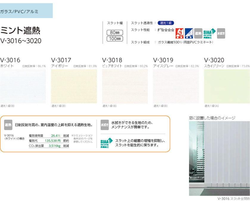 タテ型ブラインド タチカワブラインド▼バーチカルブラインド 傾斜窓80▼ミント遮熱 V-3016～3020 80mm巾 スラット ガラス/PVC/アルミ 遮光 水拭き 抗菌SIAA 遮熱【幅(WA)2201～2400×高さ(HA)3401～3800mm】 2
