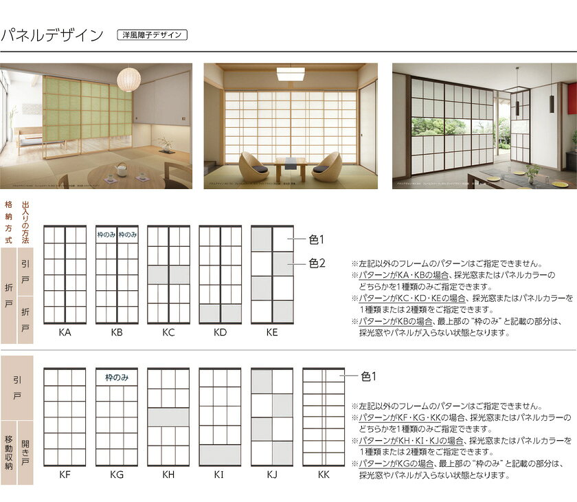 インテリアクラブのタチカワブラインド PLACE SWING 間仕切り▼プレイス スウィング 引戸格納+引戸出入り フラットガイドレール・ノンレール▼洋風障子デザイン パターンオーダー 単色フレーム PL-800・806・807【製品幅パネル4枚 2701〜3100×製品高さ2501〜2700mm】｜アングル2