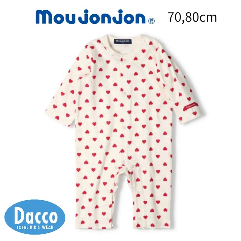【10%OFF SALE セール】moujonjon ムージョンジョン ハート総柄前開き長袖ロンパース(70/80cm)M64704 子供服 女の子 ガールズ ...