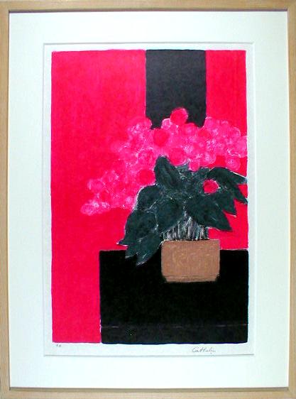 ベルナール カトラン リトグラフ 赤と黒の背景の百日草