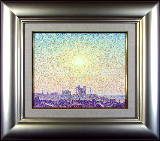 山田嘉彦 日の出に灯台 油彩3号