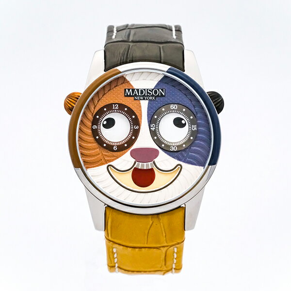 メーカー：MADISON NEW YORK マディソン ニューヨーク製品名（メーカー型番）：MA011010-4JANコード：4937285142704ケースサイズ：42mm（りゅうず・ラグ除く）ムーブメント：クオーツ(日本製・レギュレーター仕様)バンド：カーフ防水：5気圧防水ケース：316L サージカル・ステンレススチール素材（風防）：強化ミネラルガラス説明： ・左右の目玉（向かって左：時間針／右：分針）が独立して回転 ・腕の動きに合わせて舌（飾り）がカチカチ音をたてて左右に揺れる ・左右のWりゅうずがコンセプトとなるアニマルの両耳を表現抜粋4：MADISON NEW YORK マディソン ニューヨーク レディース メンズ 男女兼用 ユニセックス 腕時計 ユニオンスクエア MA011010-4 おもしろい ウケる 猫 ネコメーカー希望小売価格はメーカーカタログに基づいて掲載していますMA011010-4 MADISON NEW YORK マディソン ニューヨーク おもしろい ウケる 猫 ネコ ユニセックス 男女兼用 腕時計 国内正規品 送料無料