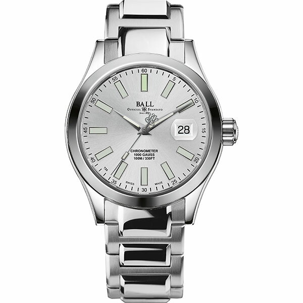 メーカー：BALL WATCH ボールウォッチ製品名：NM9026C-S6CJ-SLムーブメント： 自動巻（BALLキャリバーRR1103-C ) スイスC.O.S.C.認定クロノメーター機能： 時分秒針、日付表示 針・文字盤に14個の自発光マイクロ・ガスライト耐衝撃性： 5,000Gs防水性： 100m防水ケース： ケース径：40mm 厚さ ：13.2mm 重さ ：約179g 904Lステンレススティール ミューメタル製インナーケース 反射防止処理済サファイアガラス ねじ込み式リューズバンド： ステンレススティール（904L）説明：人気モデル「マーベライト」がCOSC搭載＋904Lへアップグレード ボール ウォッチの人気モデル「マーベライト」が、スイスC.O.S.C.のクロノメーター仕様のムーブメントへ、そしてケース素材に最高級の904L ステレススティールを採用するなど大幅にアップグレードいたしました。もちろん、ボール ウォッチらしい機能として、ミューメタル製インナーケース内蔵による80,000A/mの耐磁性能と、5,000Gsの耐衝撃性も保持しています。BALL WATCH ボールウォッチ NM9026C-S6CJ-SL エンジニア マーベライト クロノメーターメーカー希望小売価格はメーカーカタログに基づいて掲載していますBALL WATCH ボールウォッチ NM9026C-S6CJ-SL エンジニア マーベライト クロノメーター