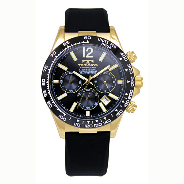 【10％OFFクーポン利用で】TECHNOS テクノス ブラック×ゴールド 3針 デイト クロノグラフ T8C03GB メンズ 腕時計 国内正規品 送料無料