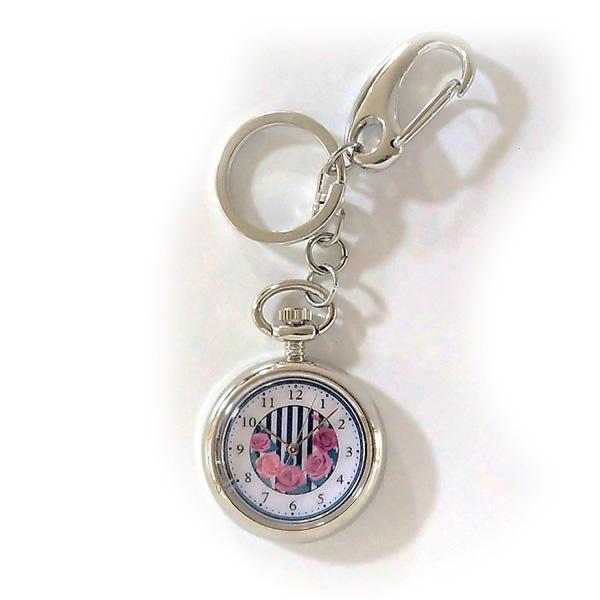 【10％OFFクーポン利用で】懐中時計 w-28 ナースウォッチ 提げ時計 キーホルダー 看護師 看護学生 吊り下げ 医療 ギフト ナースグッズ カラビナ 花柄 ストライプ バラ 青 ブルー ピンク 通学 ランドセル ウオッチ